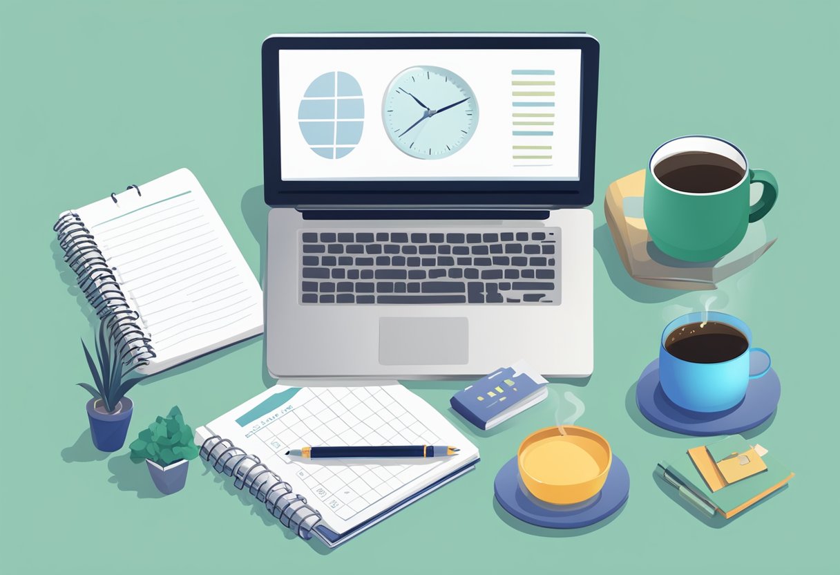 A neatly organized desk with a daily planner, a cup of coffee, a potted plant, and a clock showing a productive daily routine