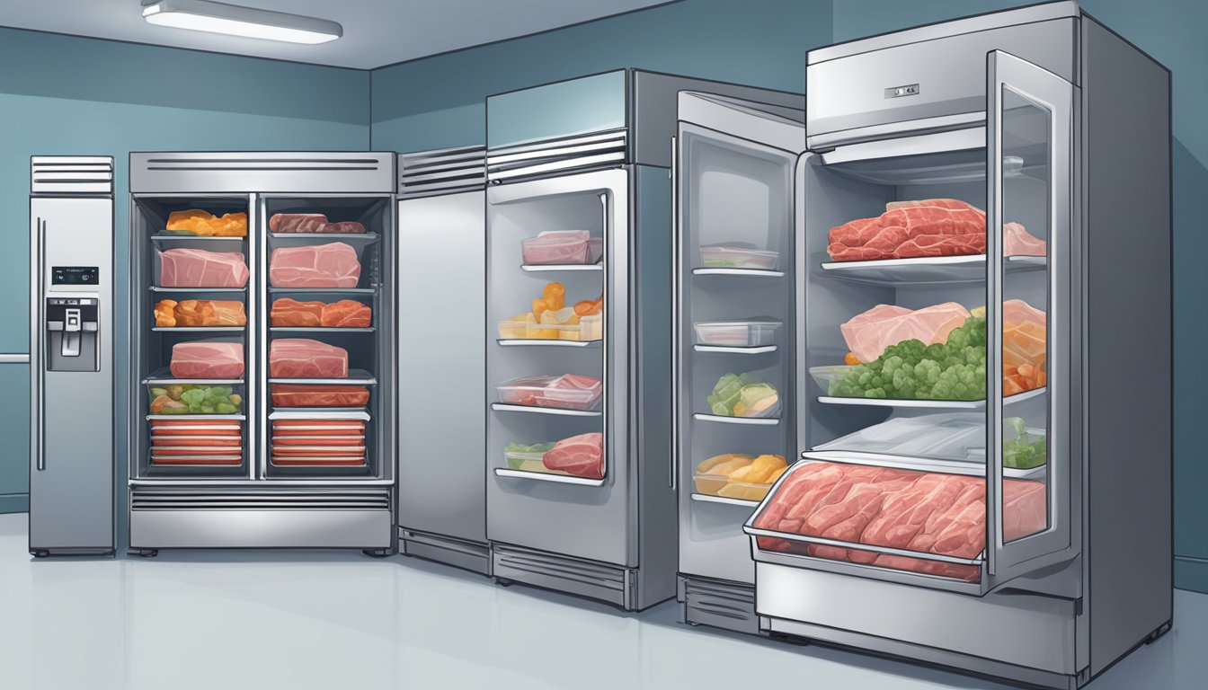 A freezer and refrigerator side by side, with frozen and fresh meat packages stacked and arranged neatly. Reddit logo in the background