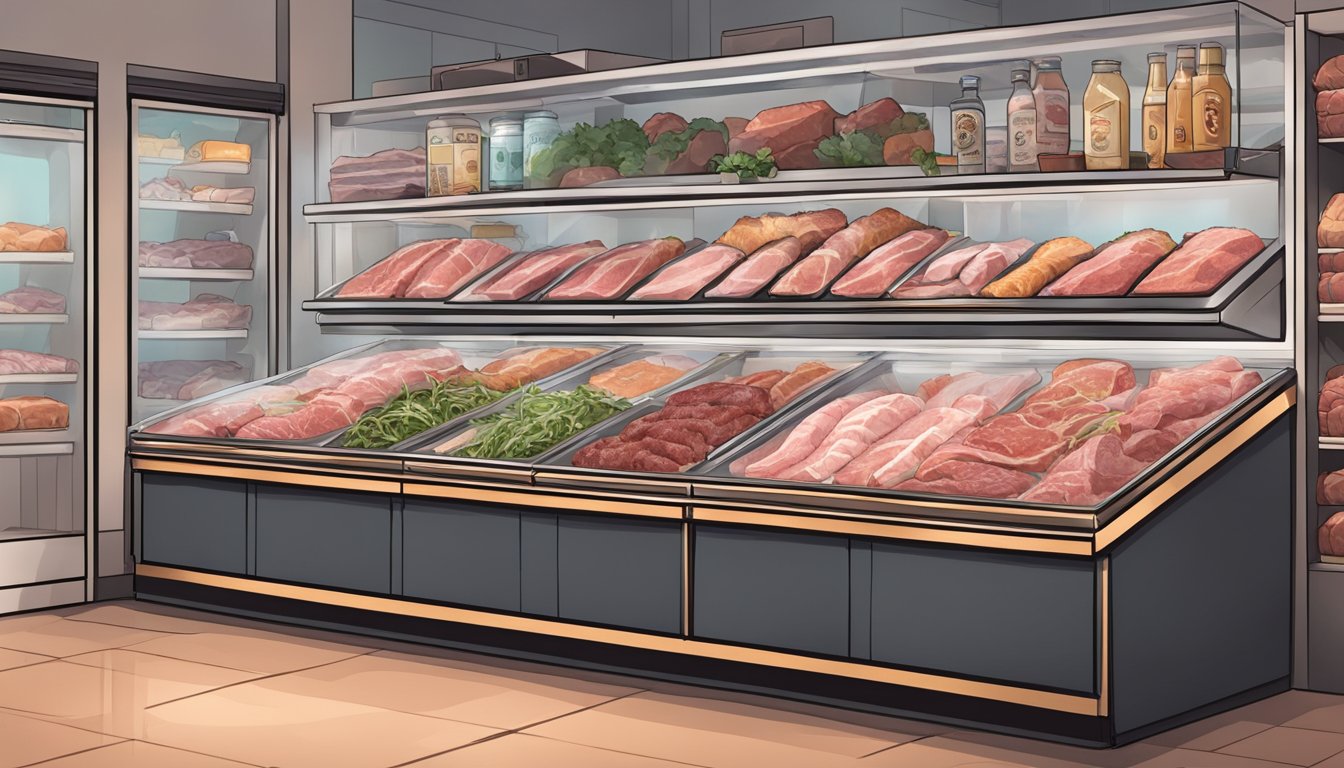 A display case filled with a variety of fresh and frozen meats, surrounded by passionate reddit users debating quality, taste, and convenience