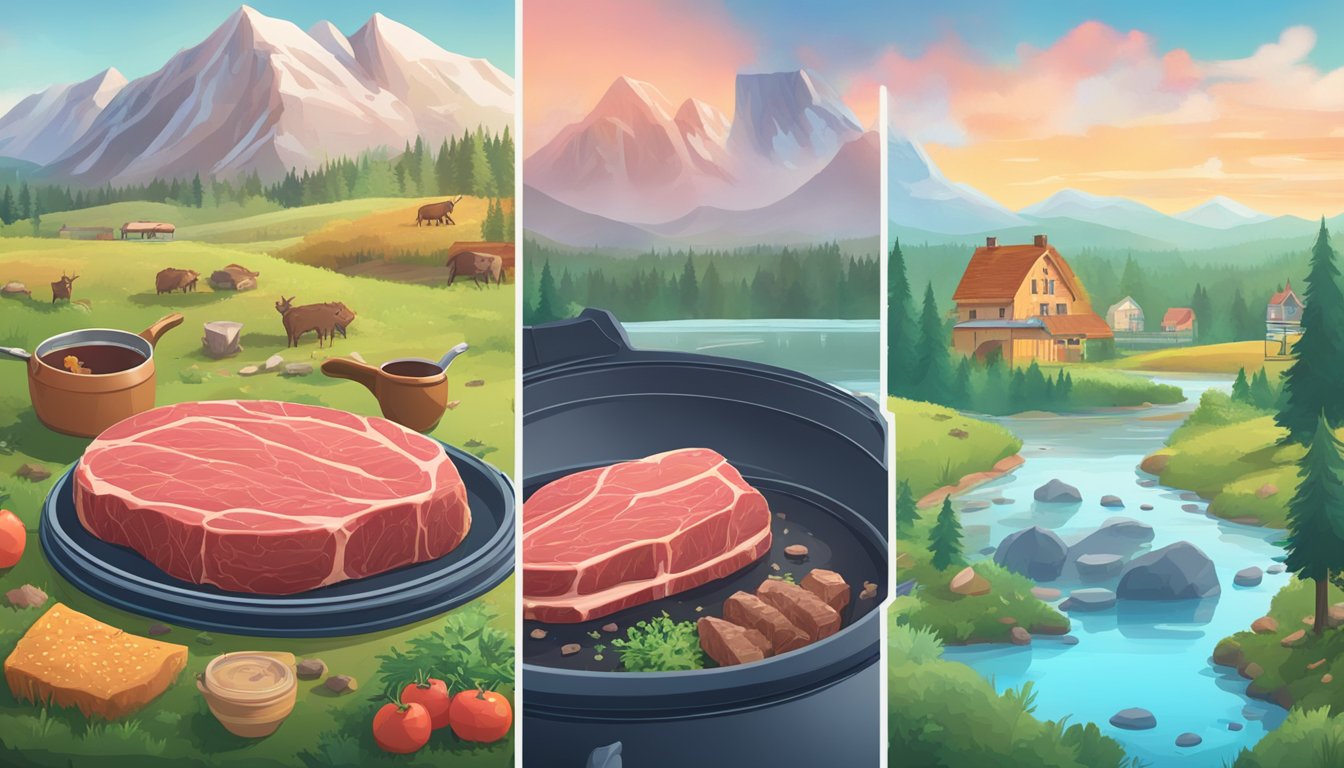 A split screen showing a frozen steak next to a fresh cut of meat, surrounded by images of nature and industrial pollution. Comments and emojis debate taste and convenience