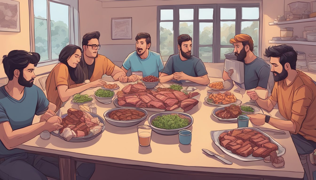 A group of Reddit users gather around a table, with one side piled with fresh meat and the other with frozen. They passionately debate the quality, taste, and convenience of each option