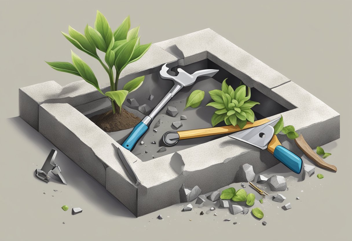 A small plant breaking through concrete, surrounded by tiny tools and resources