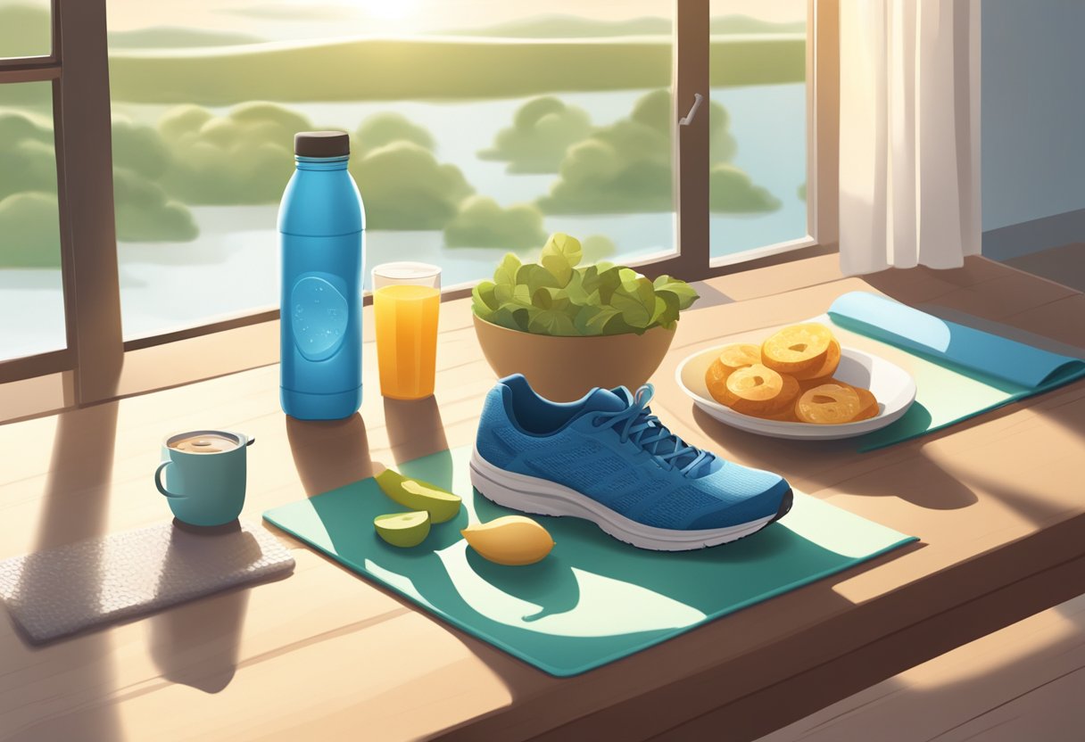 A serene morning scene with a yoga mat, running shoes, a water bottle, and healthy snacks on a table. Sunlight filters in through an open window