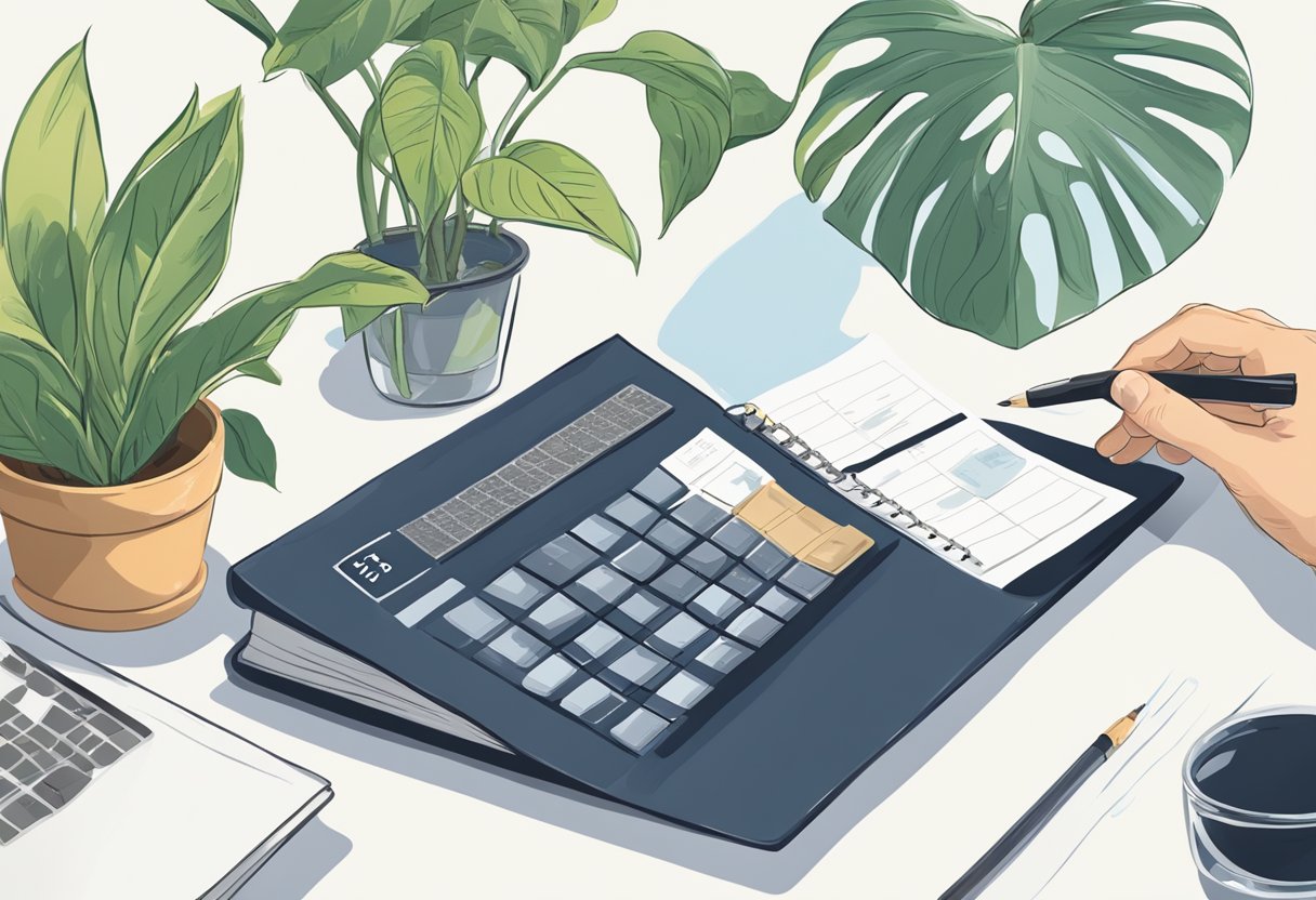 A desk with a calendar, plant, and open book. A person's hand reaching for a glass of water