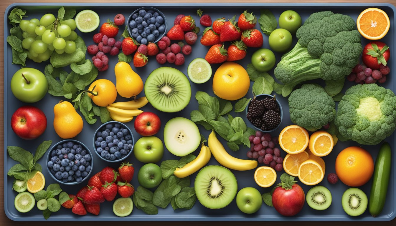 A vibrant display of fresh and frozen fruits and vegetables, showcasing their variety, color, and texture. A scale comparing their nutritional value, taste, and convenience