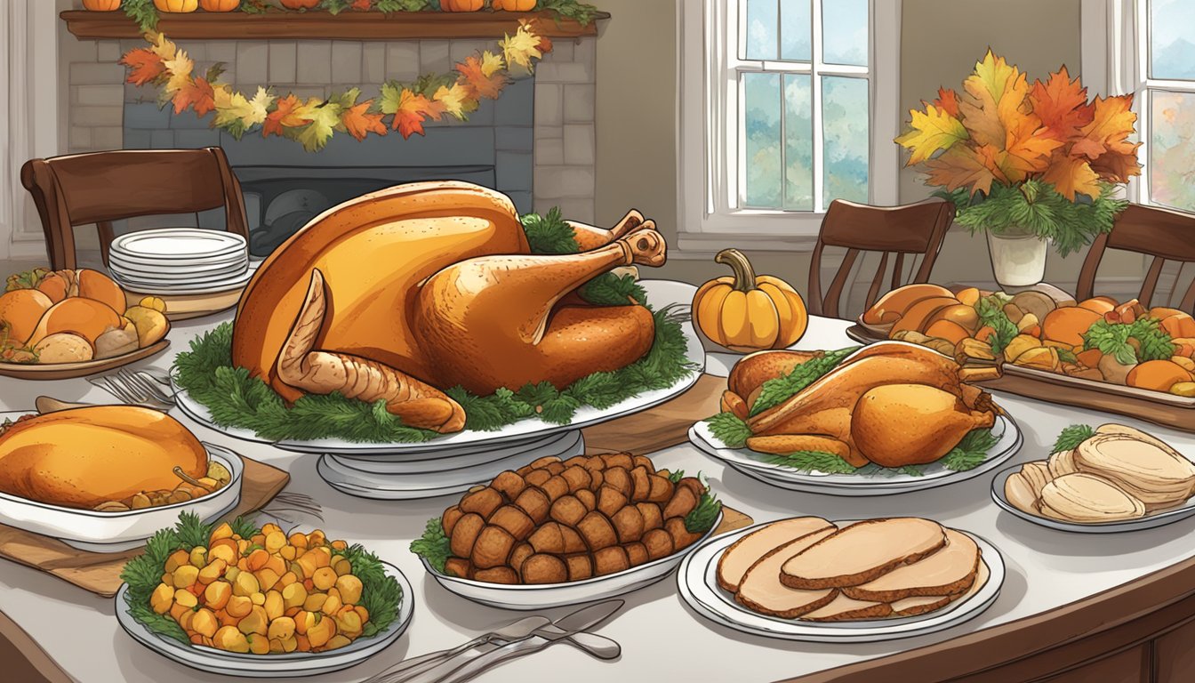 A table with two platters of turkey, one labeled "Fresh" and the other "Frozen," surrounded by festive Thanksgiving decor