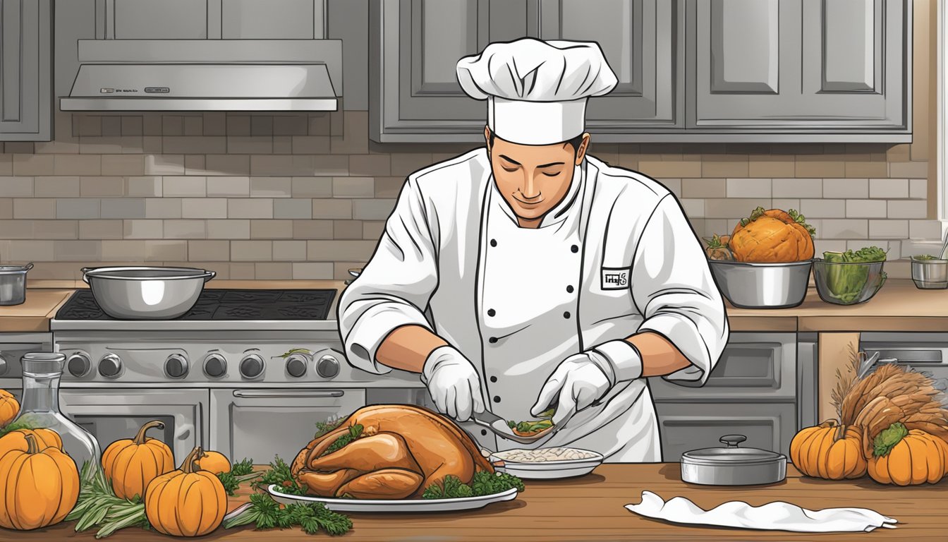 A chef carefully unwraps a frozen heritage turkey and begins to thaw and prepare it for a Thanksgiving taste test. The fresh turkey sits nearby, ready for comparison