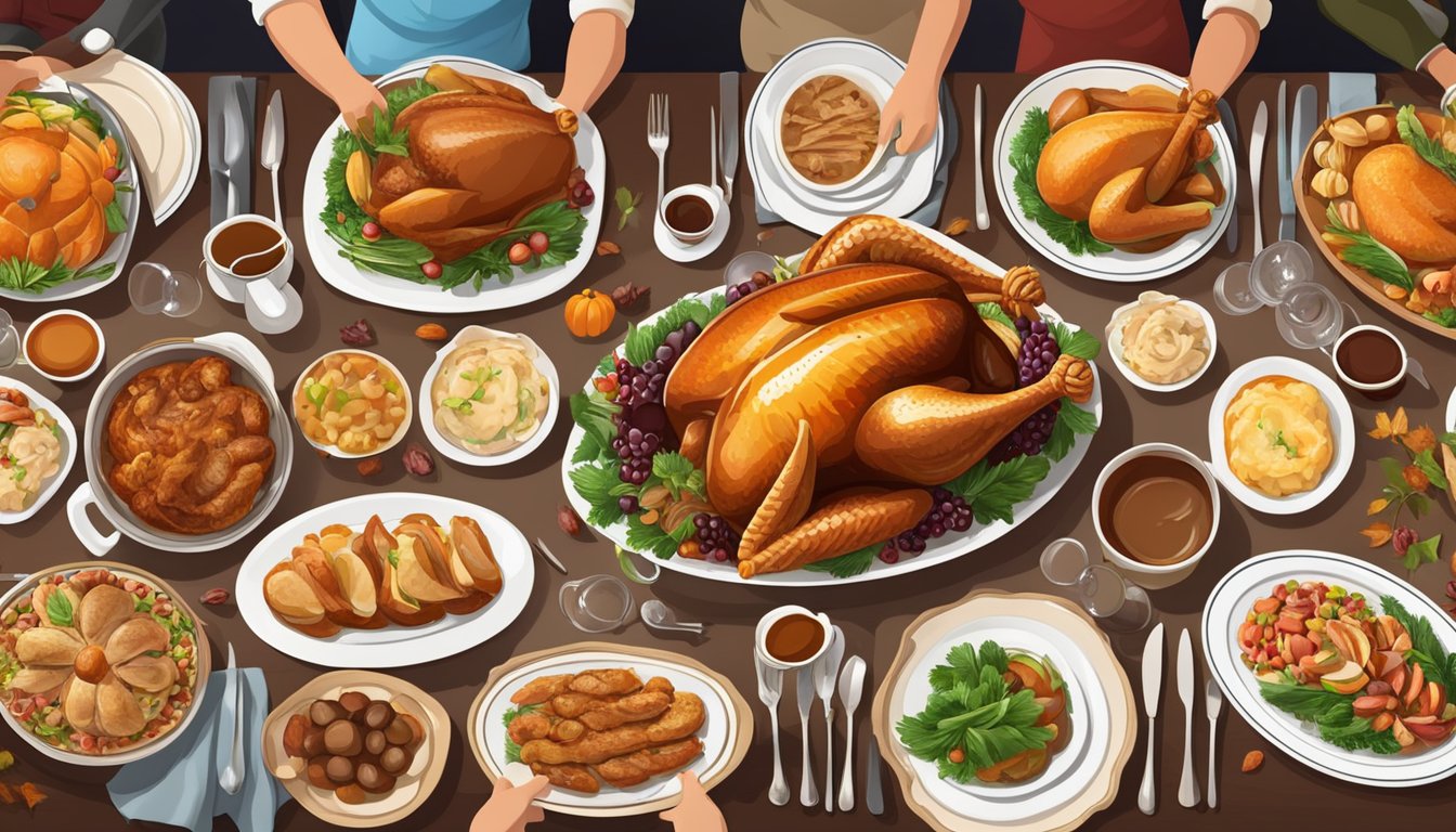 A festive Thanksgiving table set with a variety of dishes, including a roasted heritage turkey and a platter of fresh turkey, surrounded by family and friends