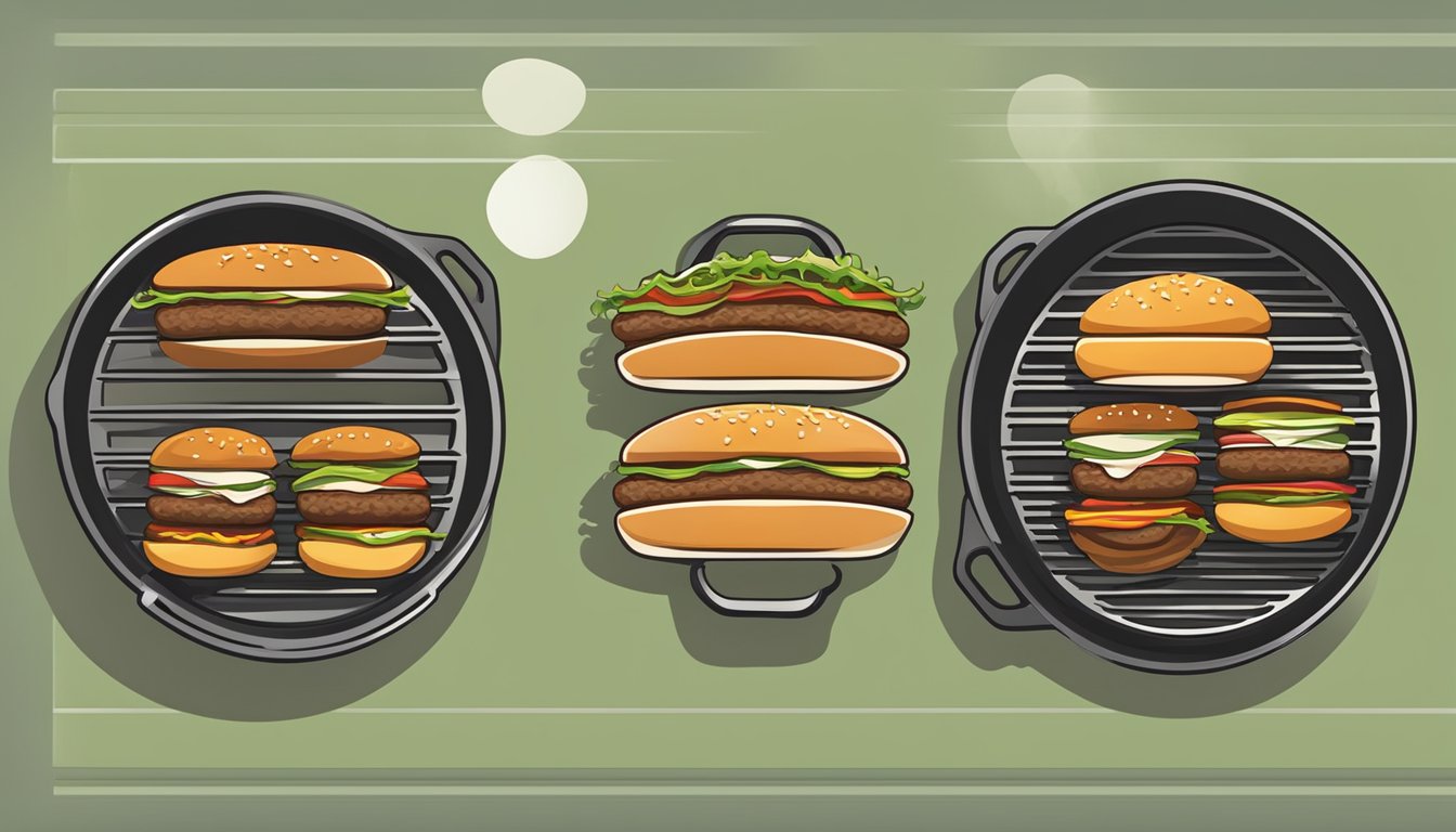 A grill sizzling with fresh and frozen hamburger patties, with a side-by-side comparison of the cooked patties highlighting their differences in taste, texture, and convenience