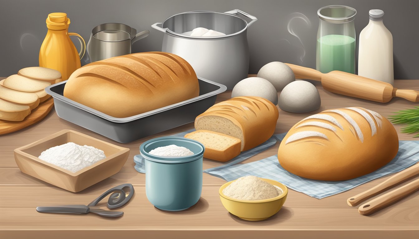 A kitchen counter with a variety of baking tools and ingredients, including frozen and fresh bread dough, ready for homemade baking