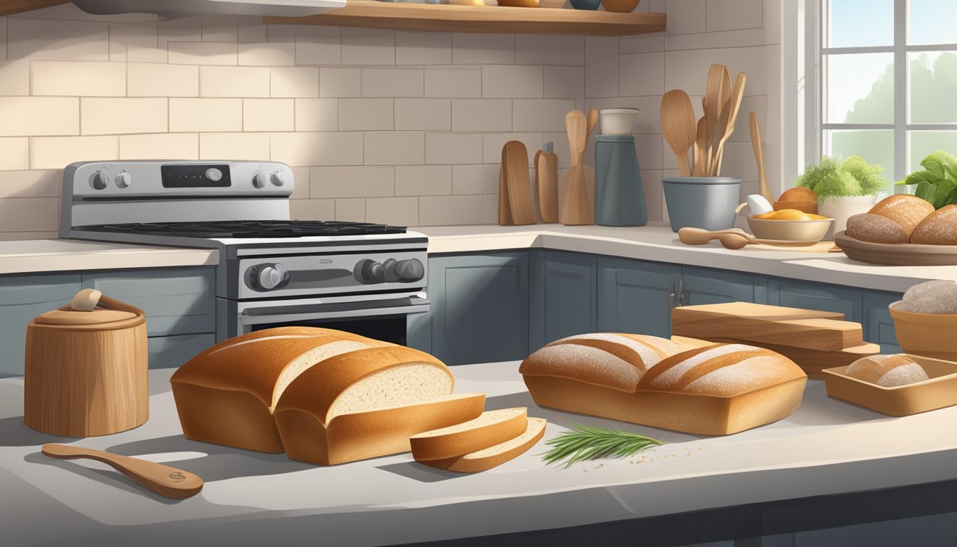 A kitchen counter with two loaves of bread, one freshly made and the other frozen, surrounded by baking ingredients and utensils