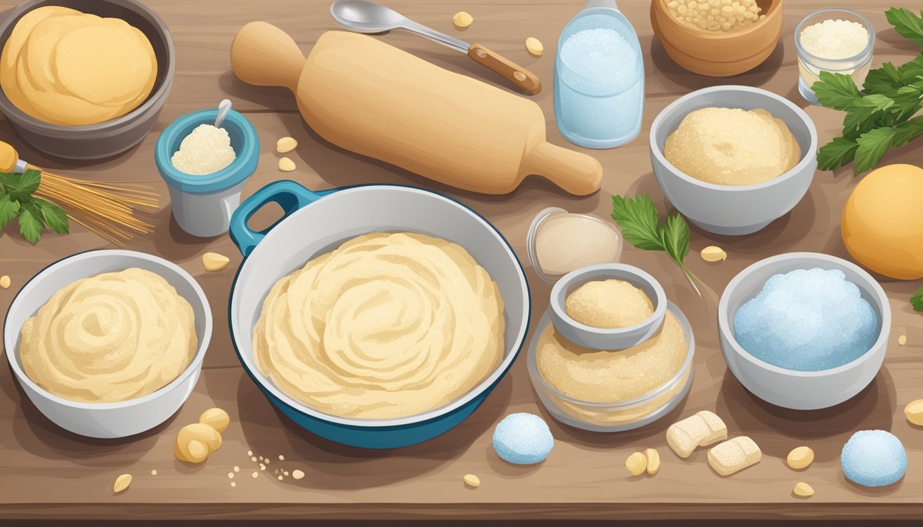 A kitchen counter with two bowls of dough, one frozen and one fresh, surrounded by ingredients and baking utensils