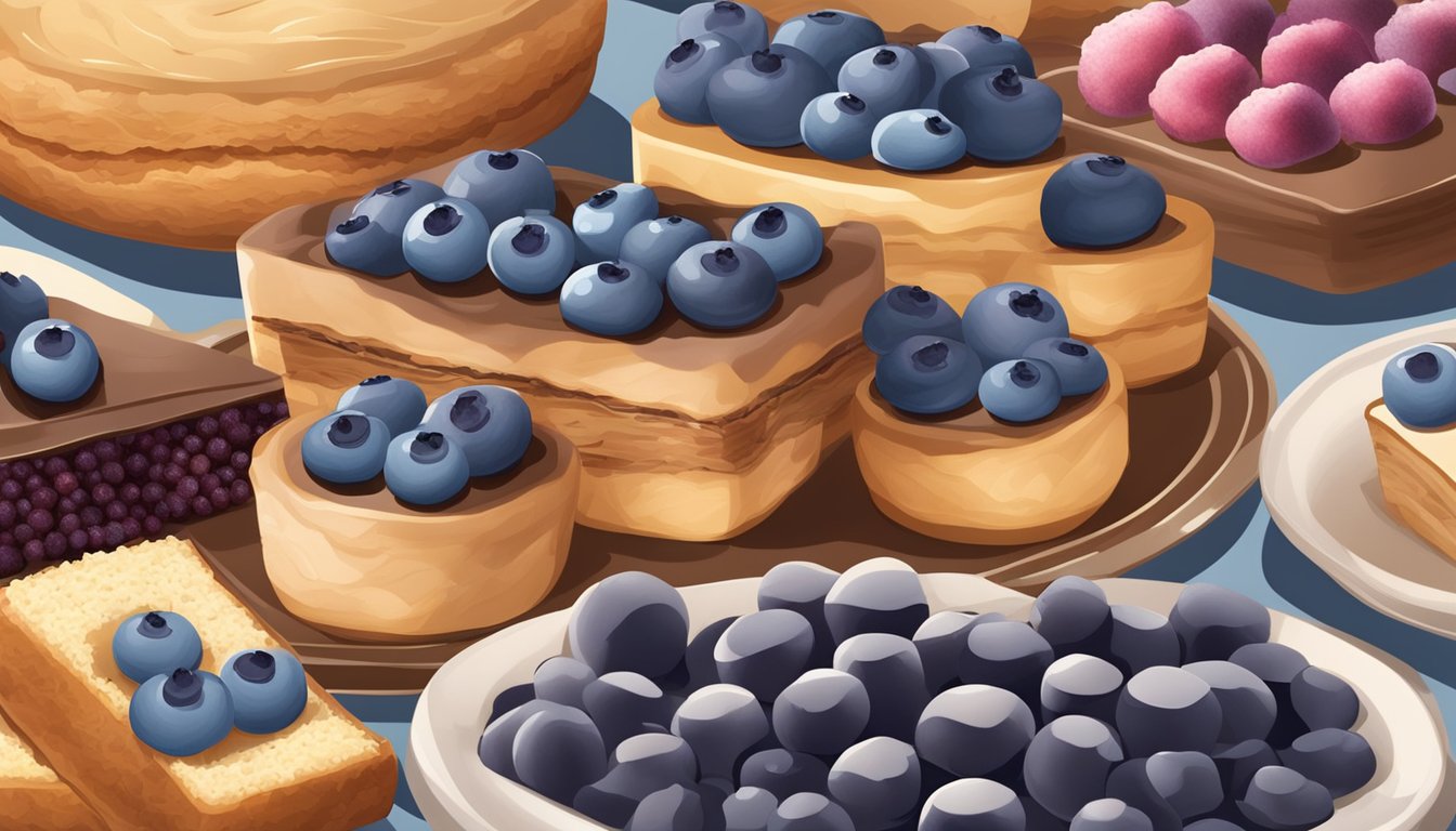 A platter of assorted baked goods, some topped with fresh blueberries and others with frozen blueberries, arranged in a visually appealing display