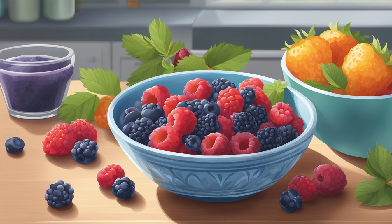 A bowl of fresh berries sits next to a bag of frozen berries on a kitchen counter. The fresh berries are vibrant and plump, while the frozen berries are frosty and slightly defrosted