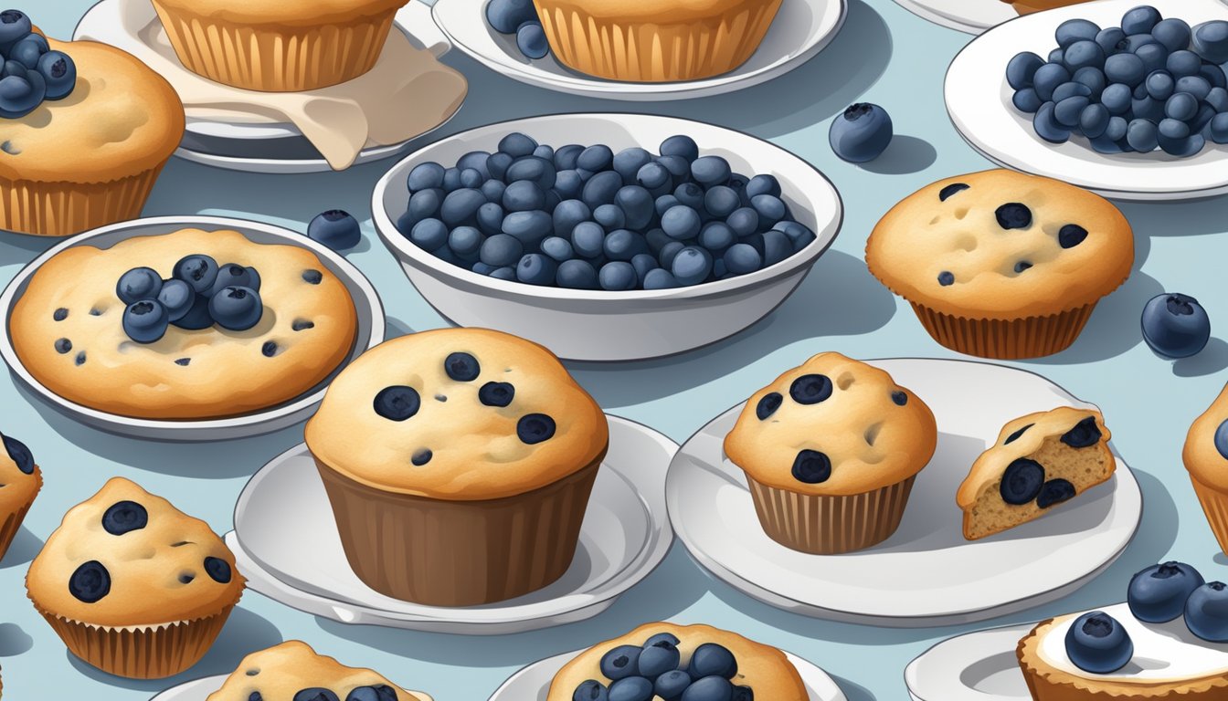 A kitchen counter with fresh and frozen blueberries, alongside baked goods like muffins and pies