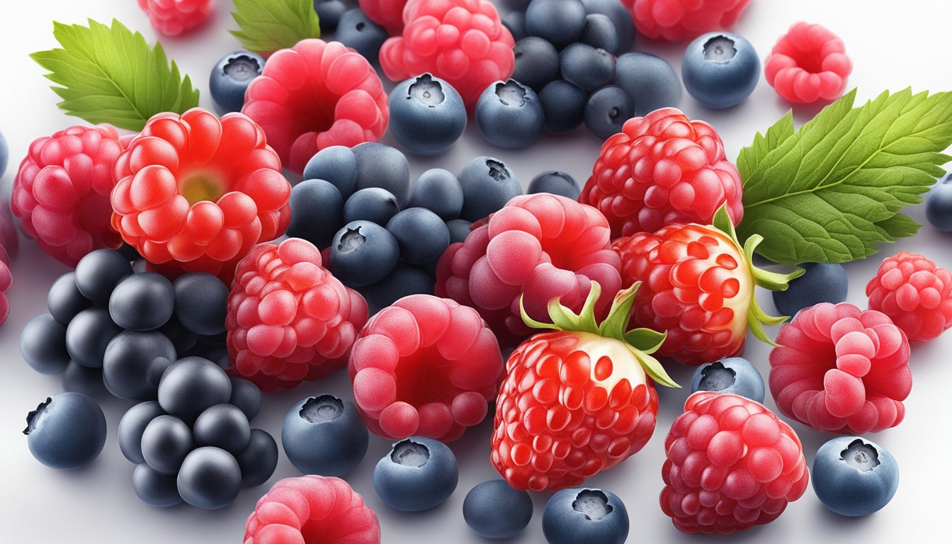 A colorful array of fresh and frozen berries arranged on a clean, white surface, with a focus on their vibrant colors and juicy textures