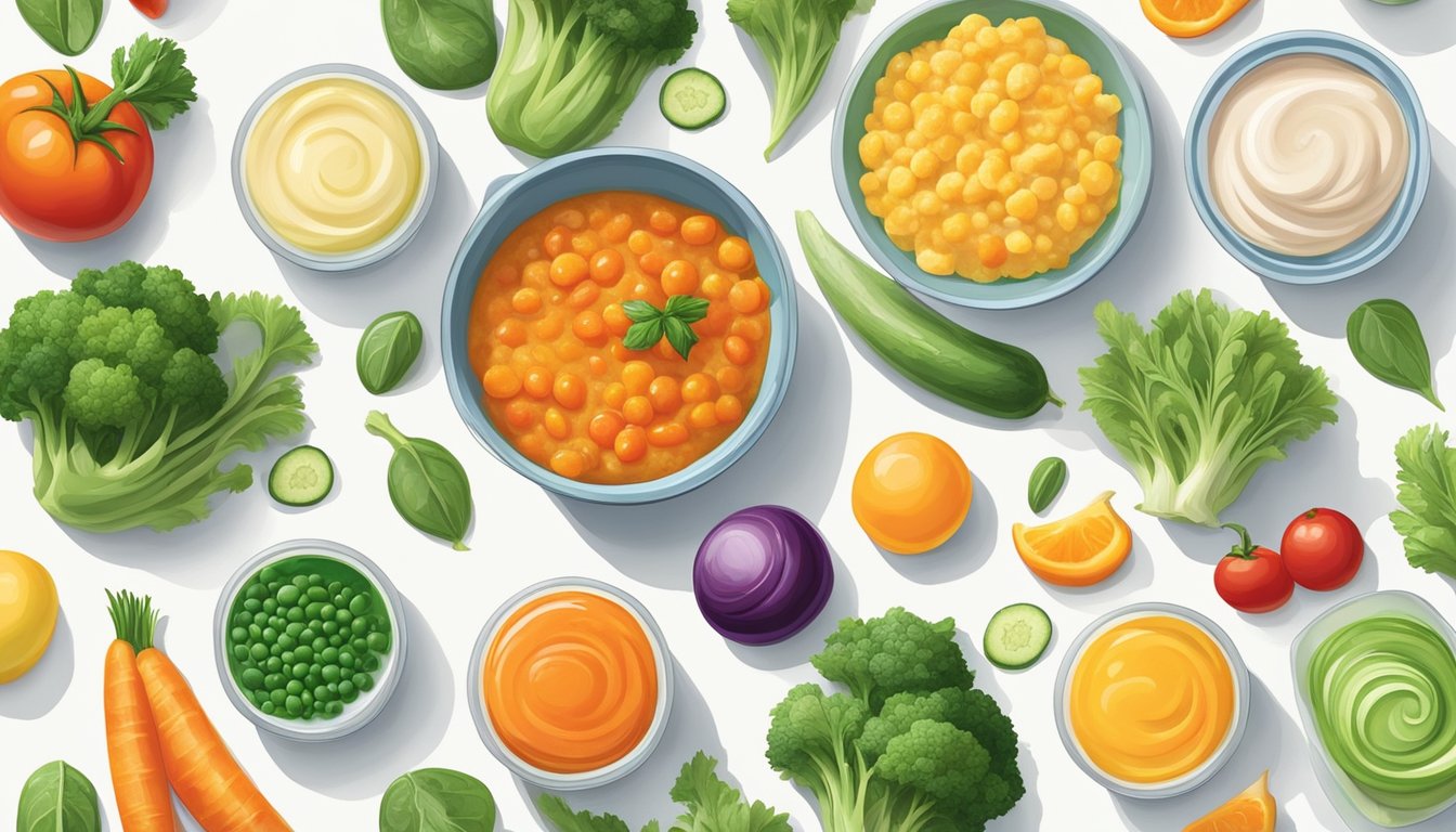 A colorful array of fresh and frozen vegetables arranged on a clean, white surface, with a small bowl of pureed baby food beside them