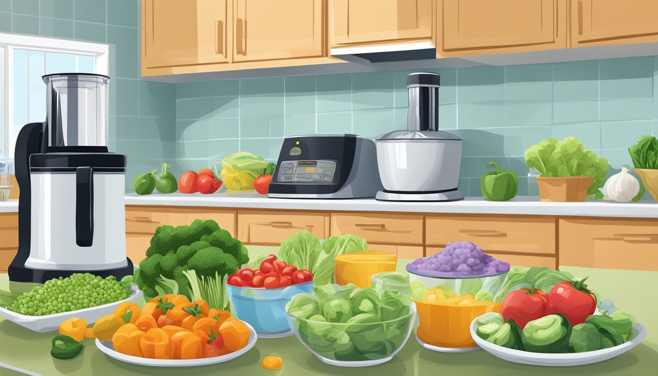 A colorful array of fresh and frozen vegetables arranged in a kitchen, with a baby food processor nearby