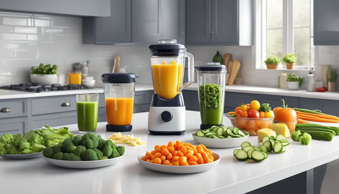 A colorful array of fresh and frozen vegetables arranged on a clean, white kitchen counter, with a blender and baby food containers nearby