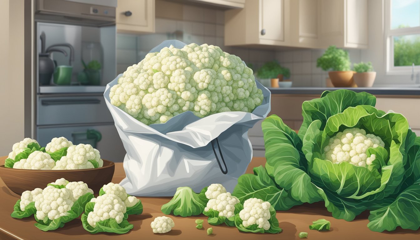 A vibrant green field of fresh cauliflower contrasts with a bag of frozen florets on a kitchen counter, highlighting the debate over nutrition and convenience