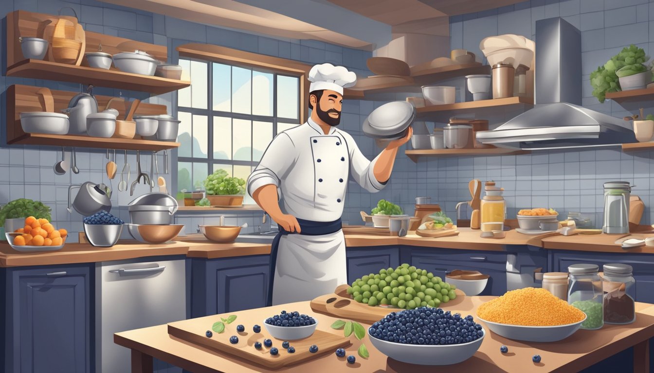 A bustling kitchen with a chef comparing fresh and frozen blueberries for baking, surrounded by an array of ingredients and baking tools