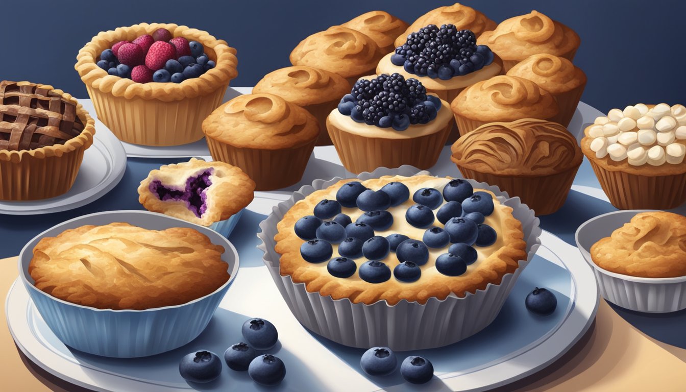 A table with a variety of baked goods, including muffins, tarts, and pies, all made with either fresh or frozen blueberries. A spotlight shines on the center, highlighting the debate