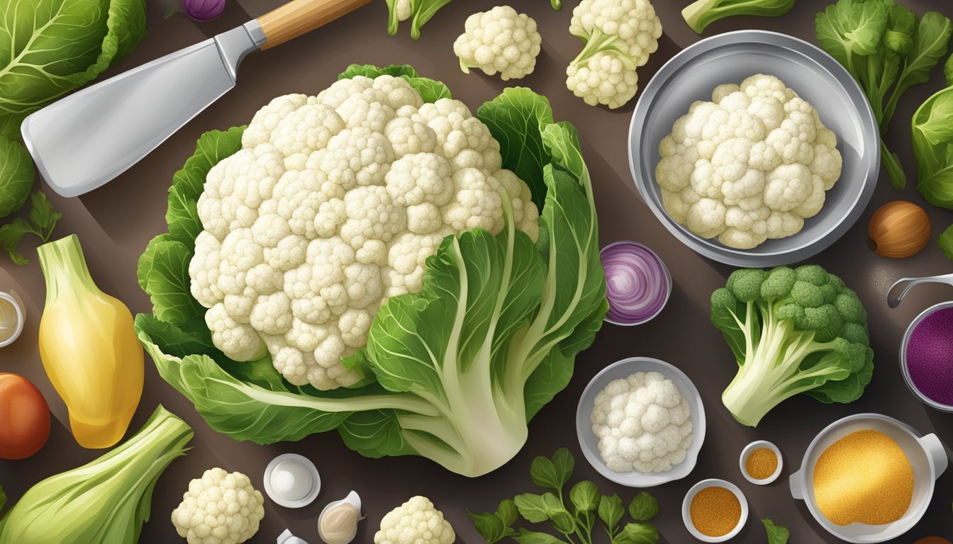 A vibrant display of fresh and frozen cauliflower, surrounded by kitchen tools and ingredients, with a spotlight highlighting their nutritional benefits and convenience