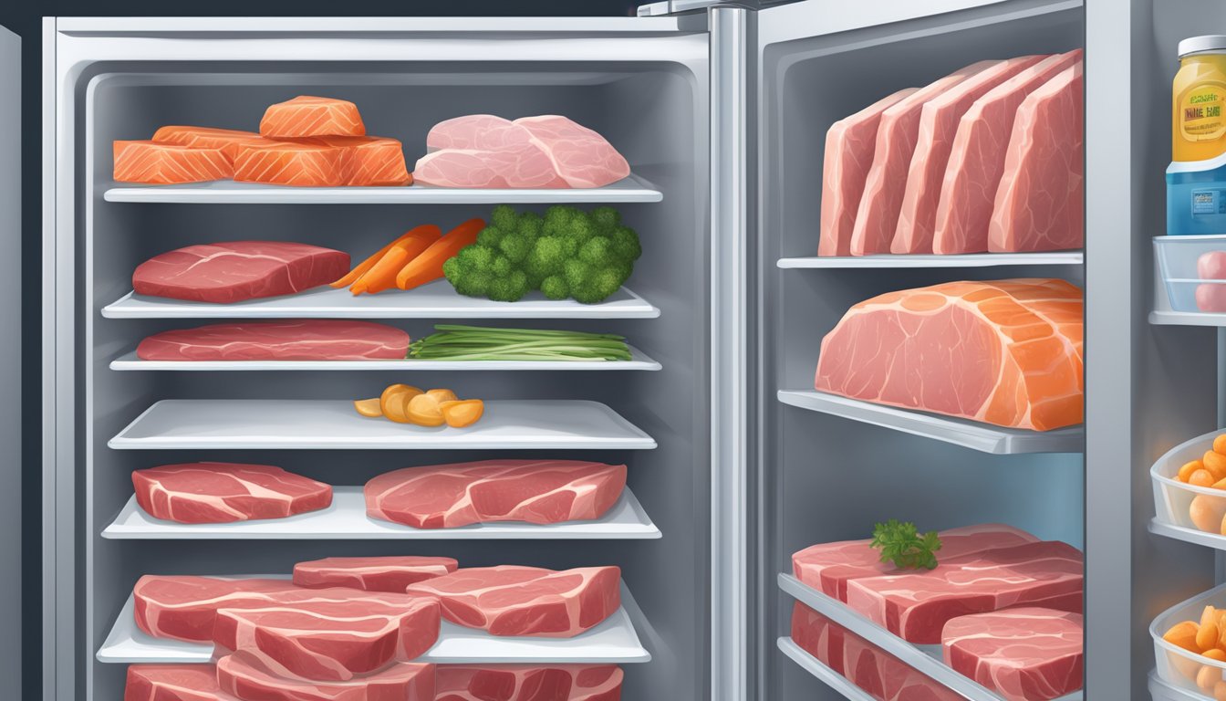 A freezer and refrigerator side by side, with fresh meat on one shelf and frozen meat on another. Labels indicate storage times and temperature requirements