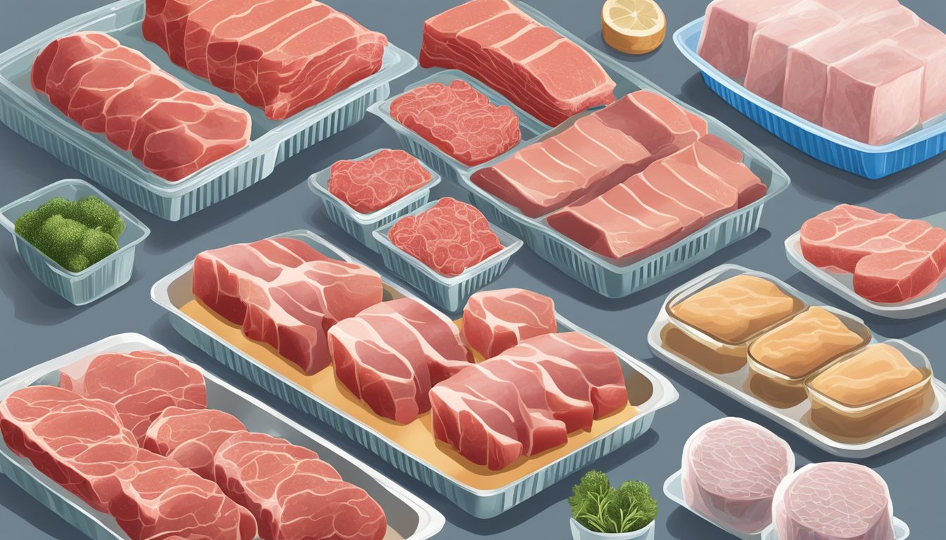 A side-by-side comparison of frozen and fresh meat products, showcasing their variety, packaging, and quality