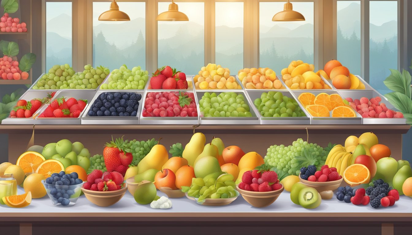 A table with a variety of fresh and frozen fruits, surrounded by price tags and a scale for comparison