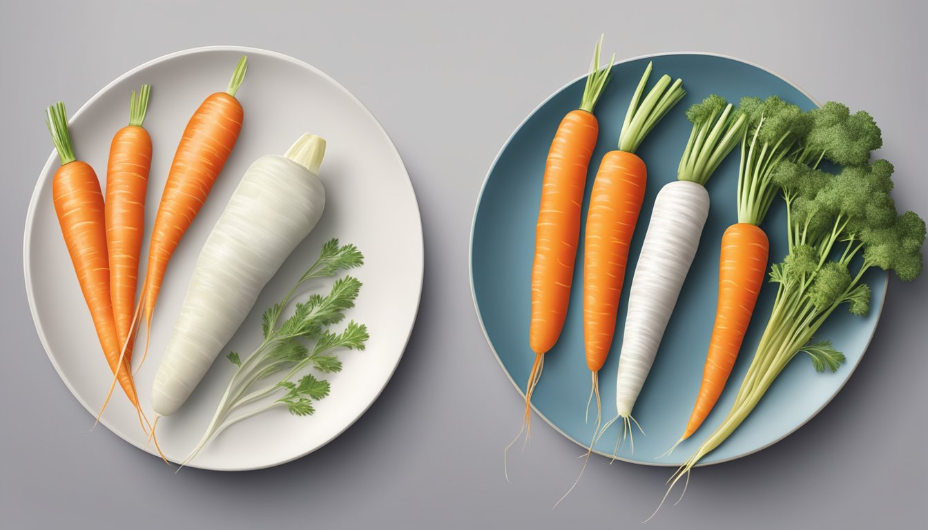 A plate with a side-by-side comparison of frozen and fresh carrots, showcasing their different textures and colors, with a focus on their nutritional value and taste