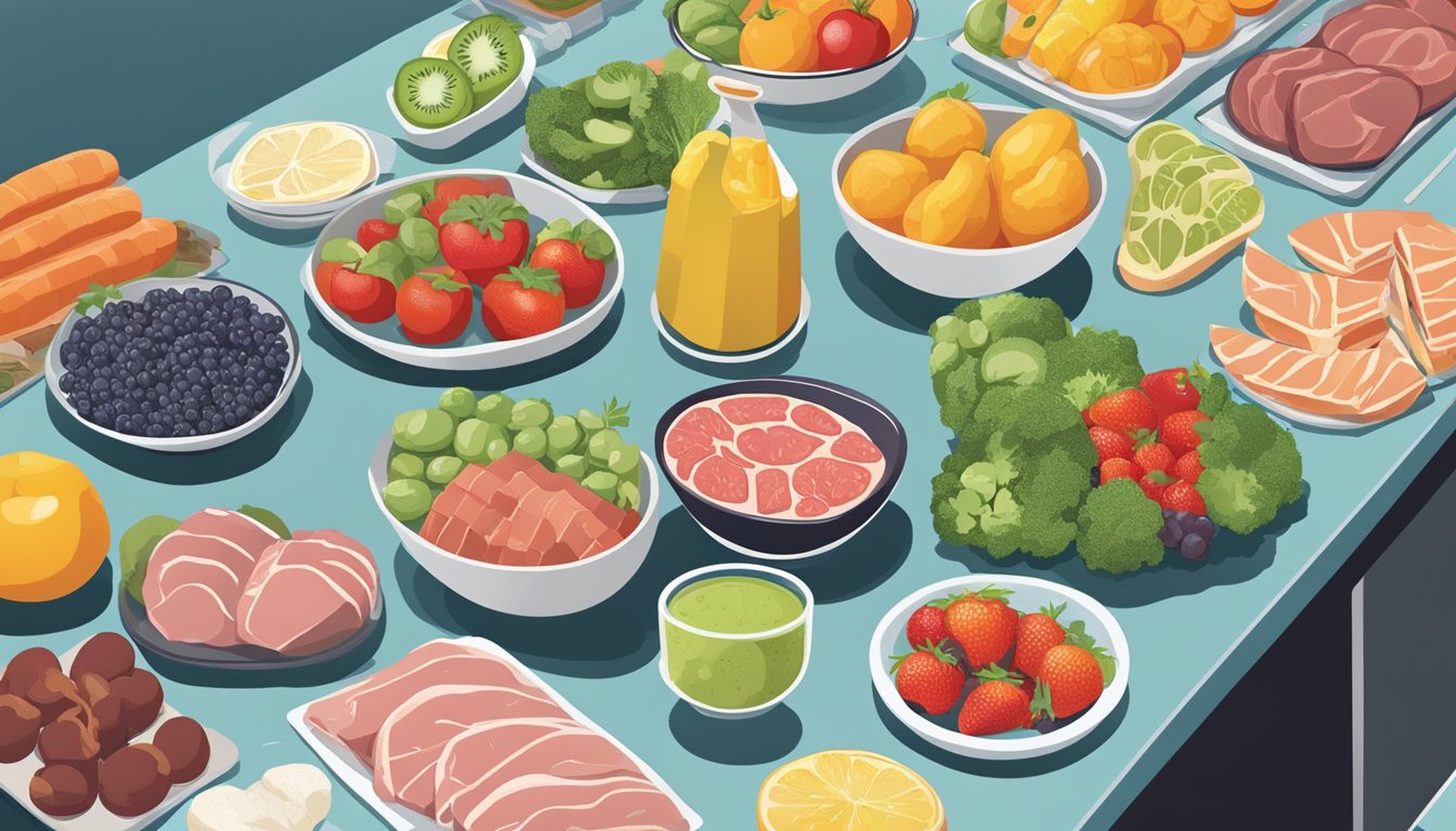 A table with fresh and frozen food side by side, showcasing various fruits, vegetables, and meats. A nutrition label and taste test are being conducted