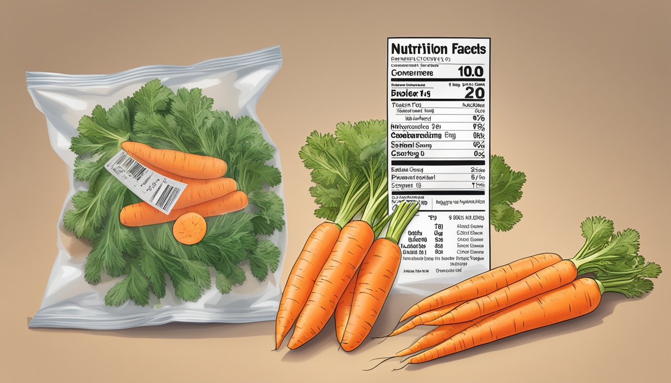 A split image of a bag of frozen carrots next to a bunch of fresh carrots, with a nutrition label and a timer to represent convenience