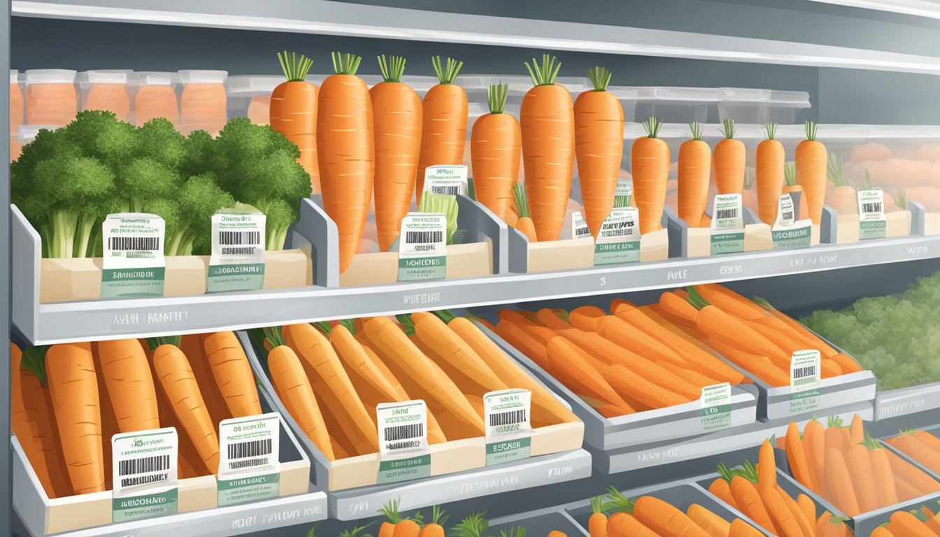 A comparison of fresh and frozen carrots, with nutrition labels and a taste test, displayed on a shelf with convenient packaging