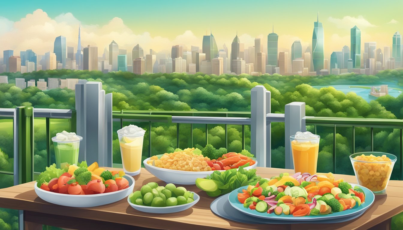 A table with fresh and frozen food side by side, surrounded by a lush green landscape and a bustling city skyline in the background