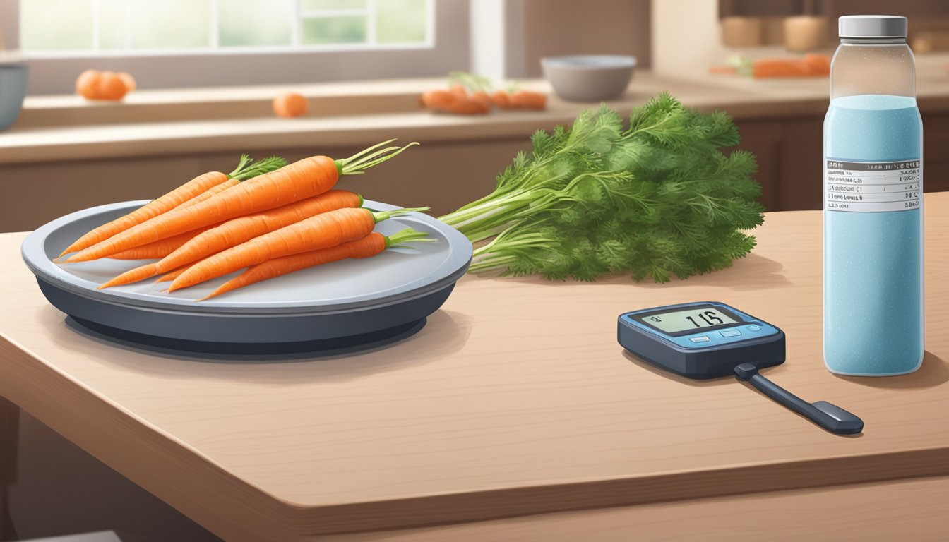 A table with a plate of fresh carrots on one side and a bag of frozen carrots on the other. A nutrition label and a timer are placed next to each