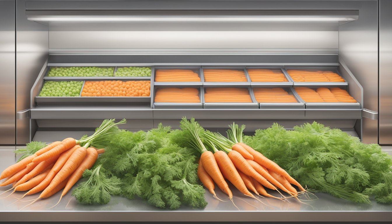 A split image of fresh carrots growing in a farm field and frozen carrots in a grocery store freezer, surrounded by nutritional facts and environmental impact statistics