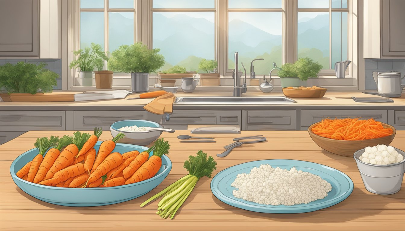 A table with two piles of carrots: one frozen, one fresh. Nutrition labels and cooking utensils nearby