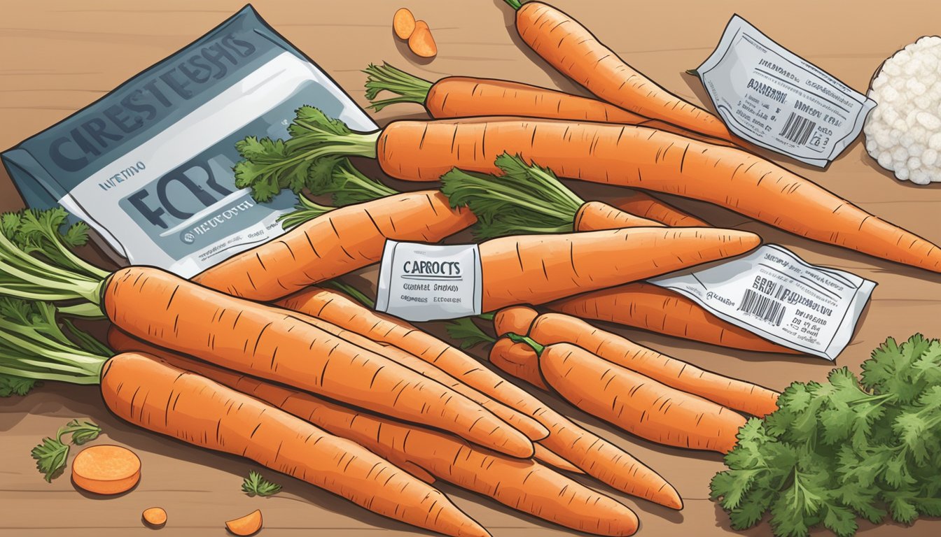 A pile of fresh carrots sits next to a bag of frozen carrots. A nutrition label and taste test display the differences