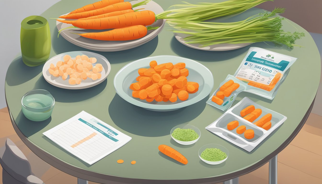 A table with two piles of carrots - one fresh and one frozen. A nutrition label and taste test set up next to them