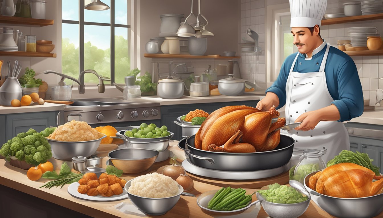 A chef comparing a fresh and frozen turkey, surrounded by various cooking utensils and ingredients