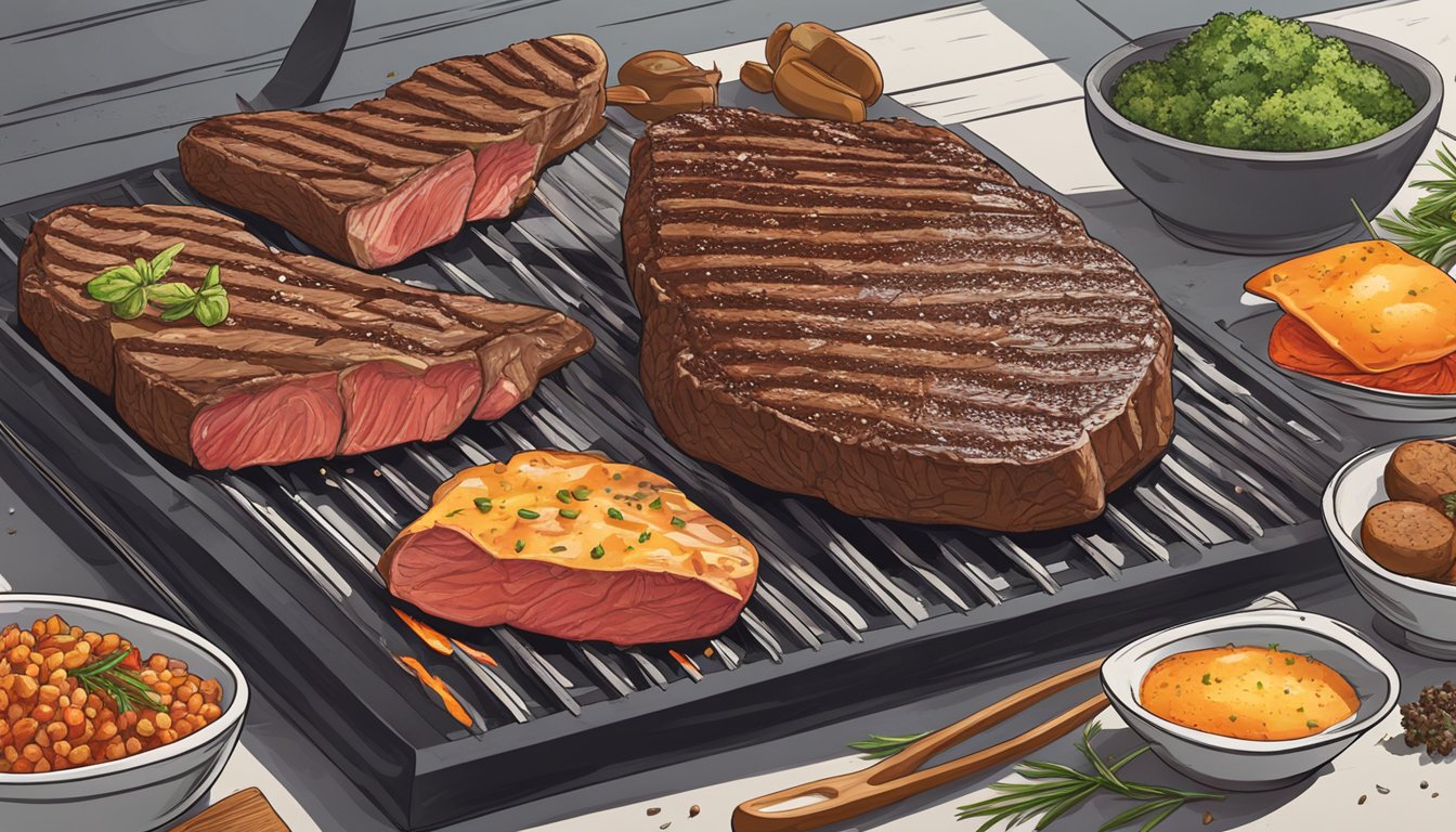 A sizzling steak on a grill, with one side fresh and the other frozen, surrounded by various cuts of meat and a variety of seasonings