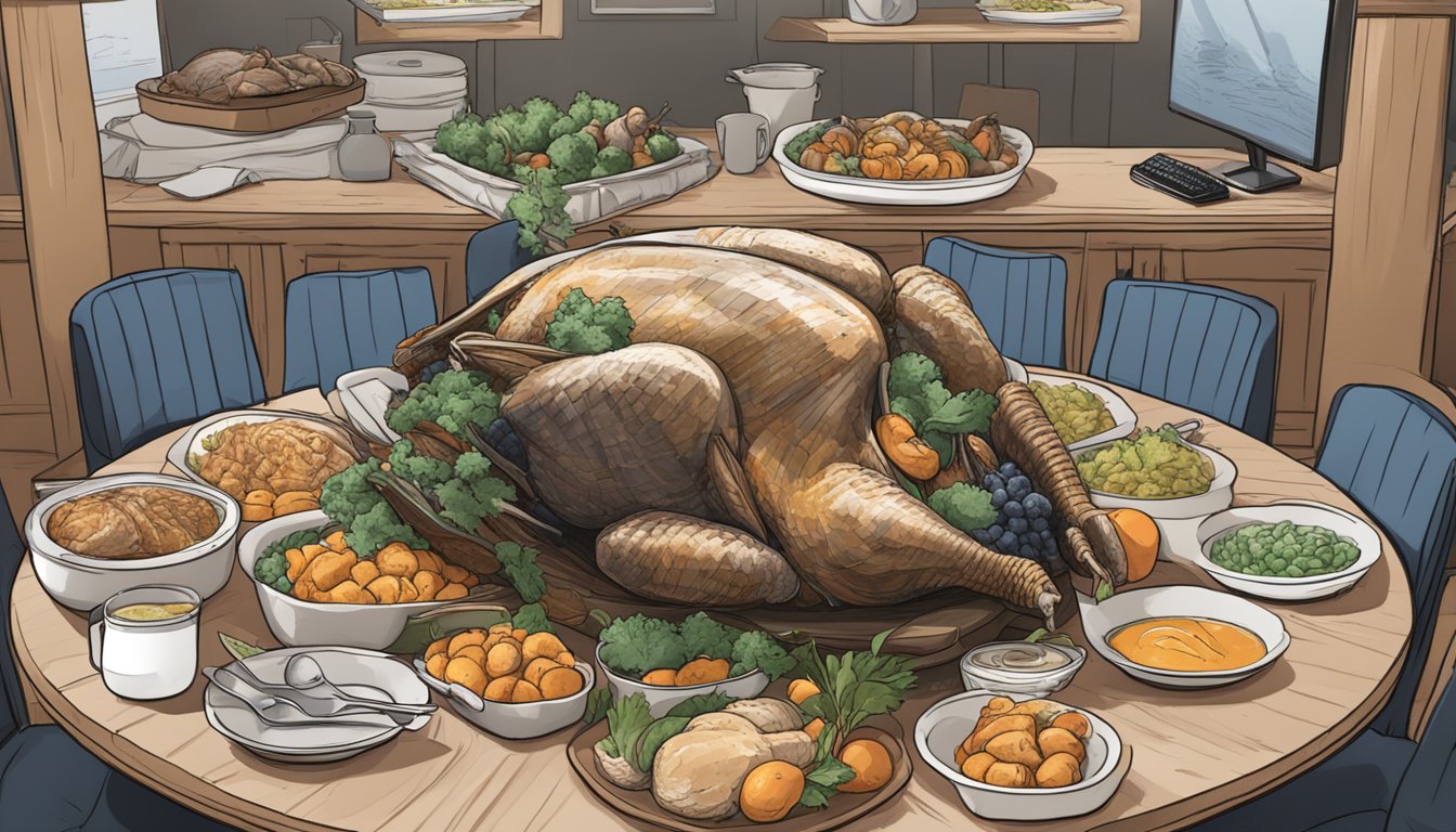 A table with fresh and frozen turkeys, surrounded by Reddit logos and user comments