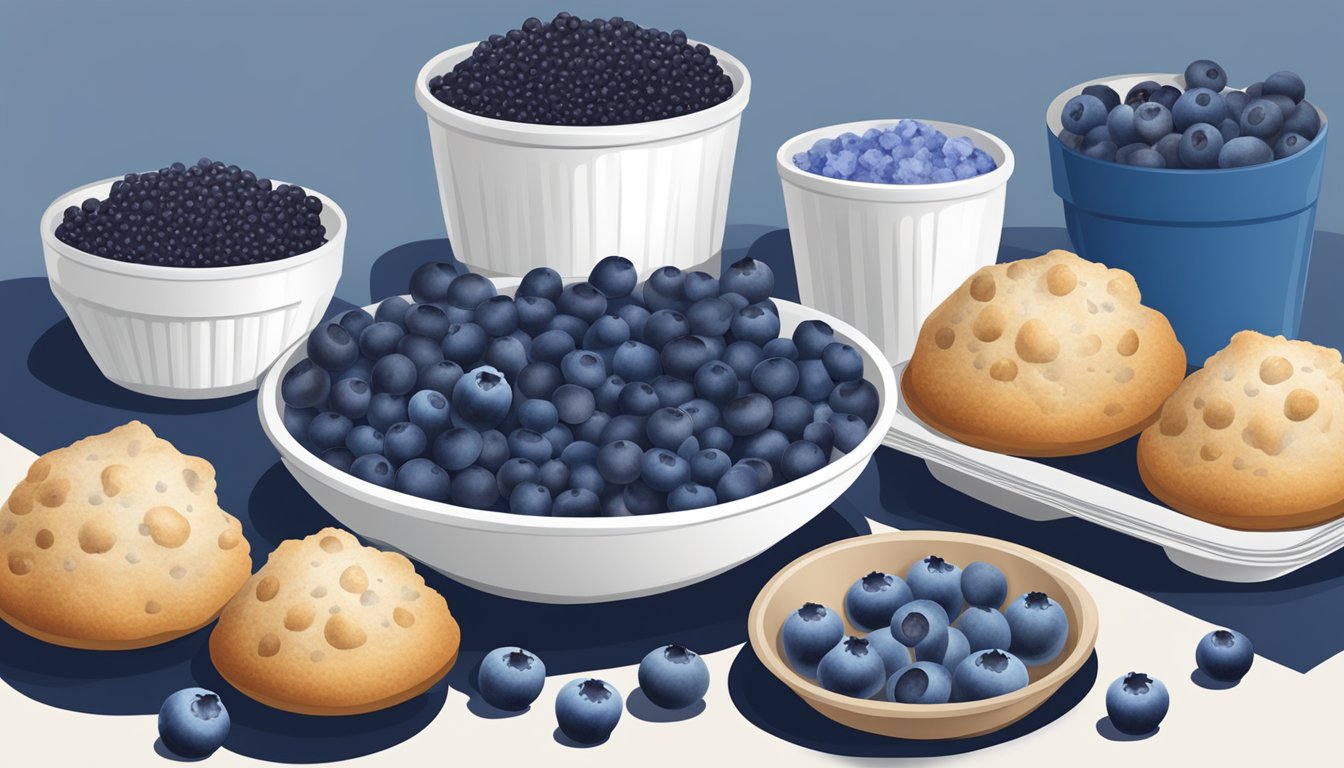 A mixing bowl filled with fresh blueberries, a bag of frozen blueberries, and a muffin tin lined with paper cups