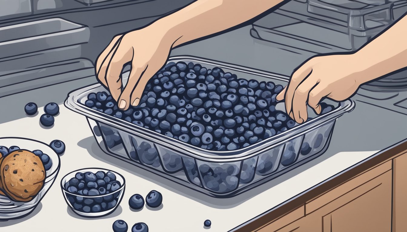 A hand reaching for fresh and frozen blueberries on a kitchen counter, with a muffin tin and mixing bowl nearby