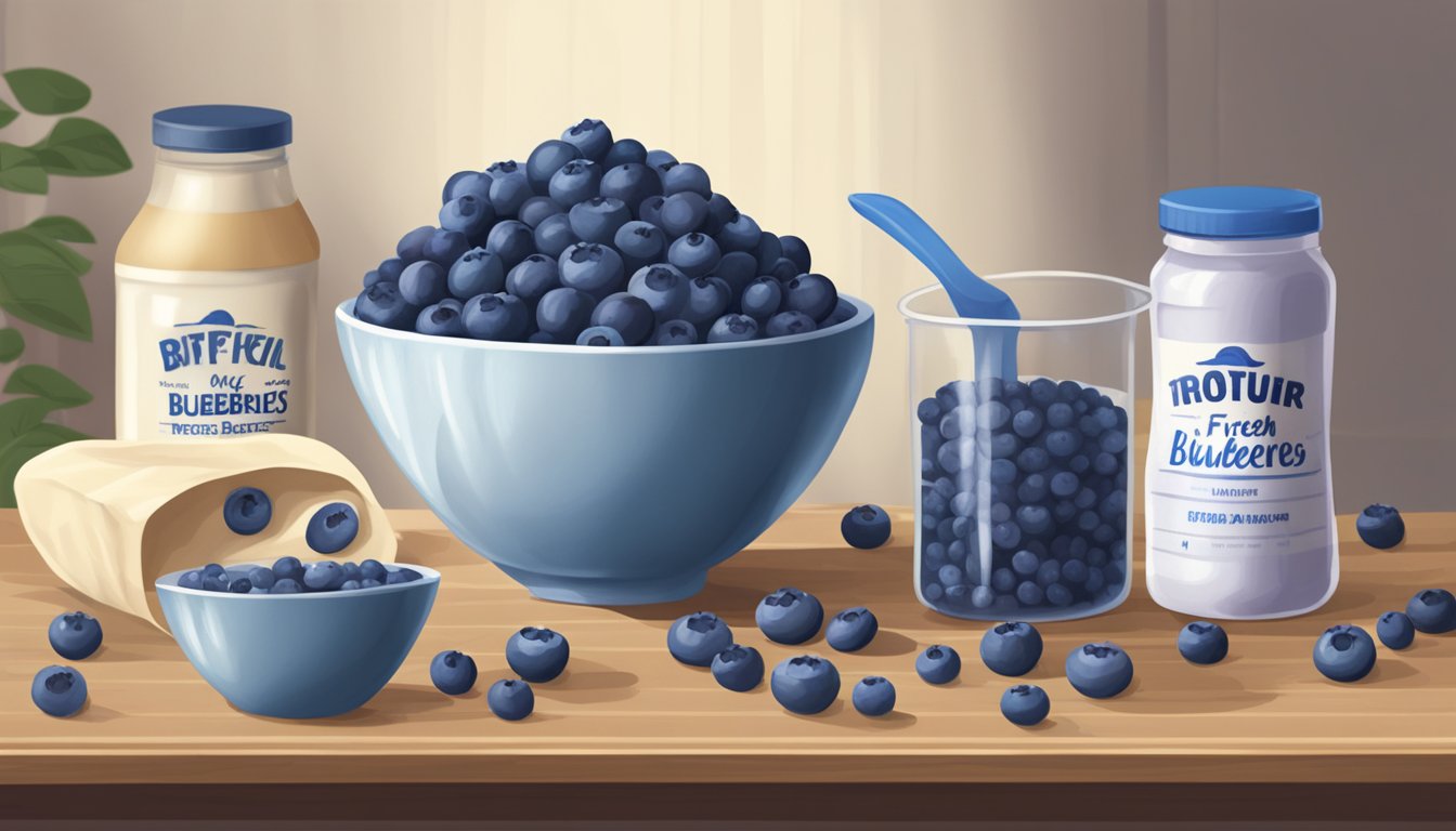 A bowl of fresh blueberries being mixed into batter, while a bag of frozen blueberries sits nearby