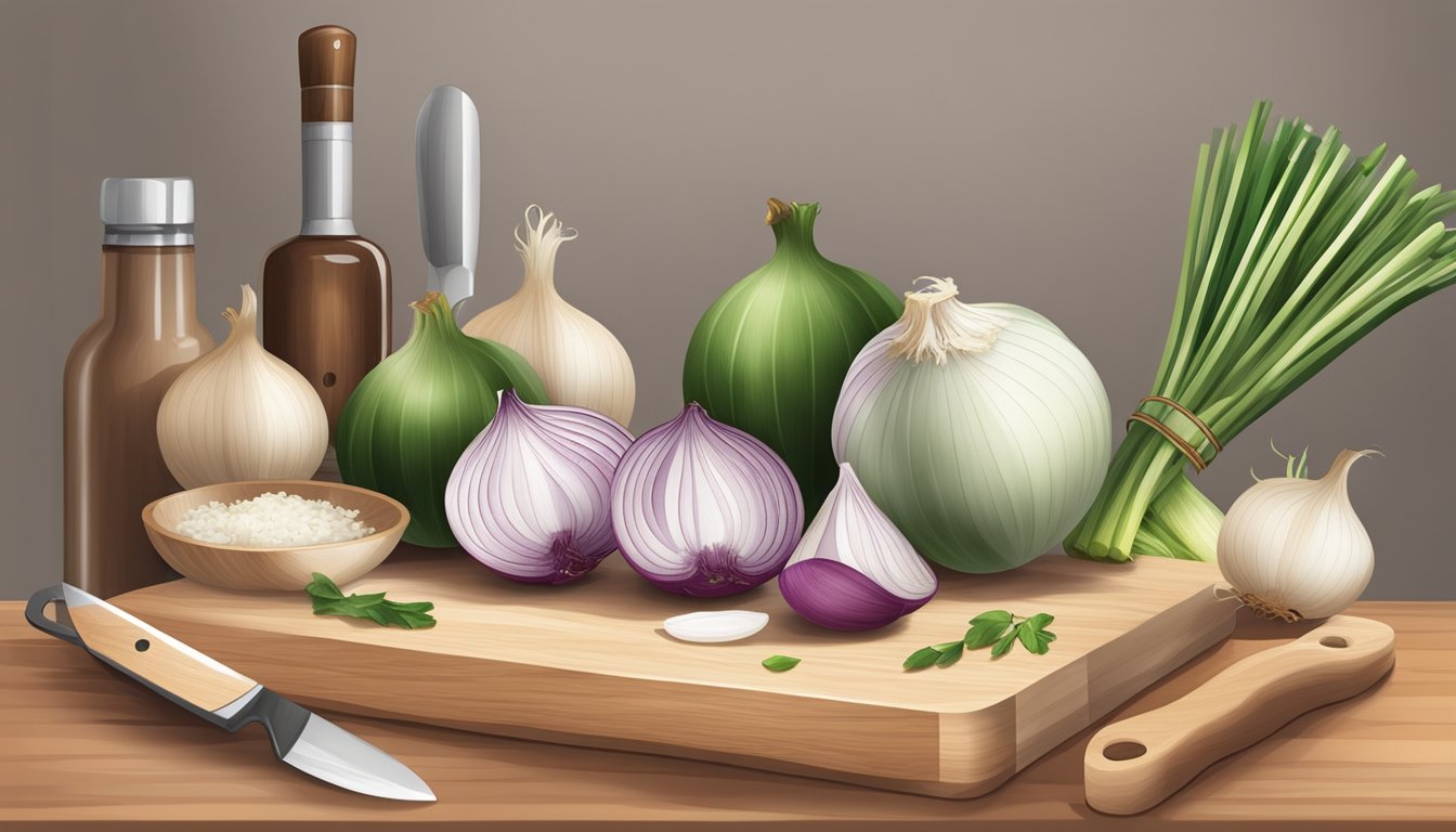 A kitchen counter with fresh and frozen onions side by side, a chef's knife, cutting board, and various cooking utensils