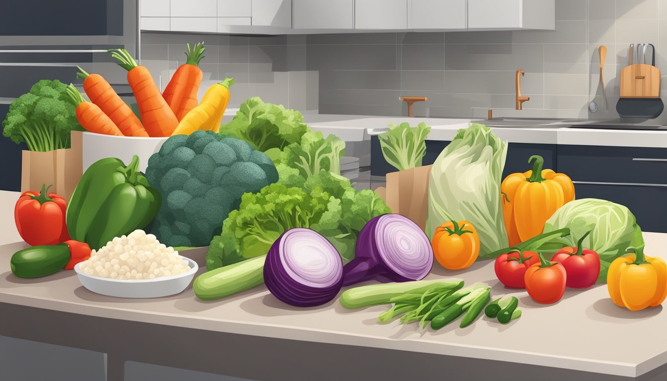 A colorful array of fresh vegetables sits next to a stack of frozen vegetable bags. A kitchen counter with cooking utensils in the background