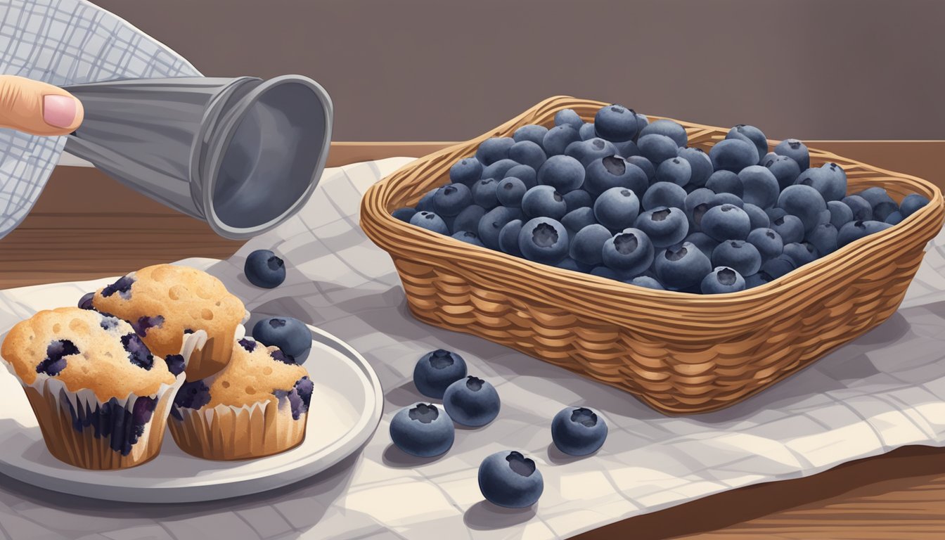 A hand reaching for a basket of fresh blueberries next to a bag of frozen blueberries, with a muffin tin and muffins in the background