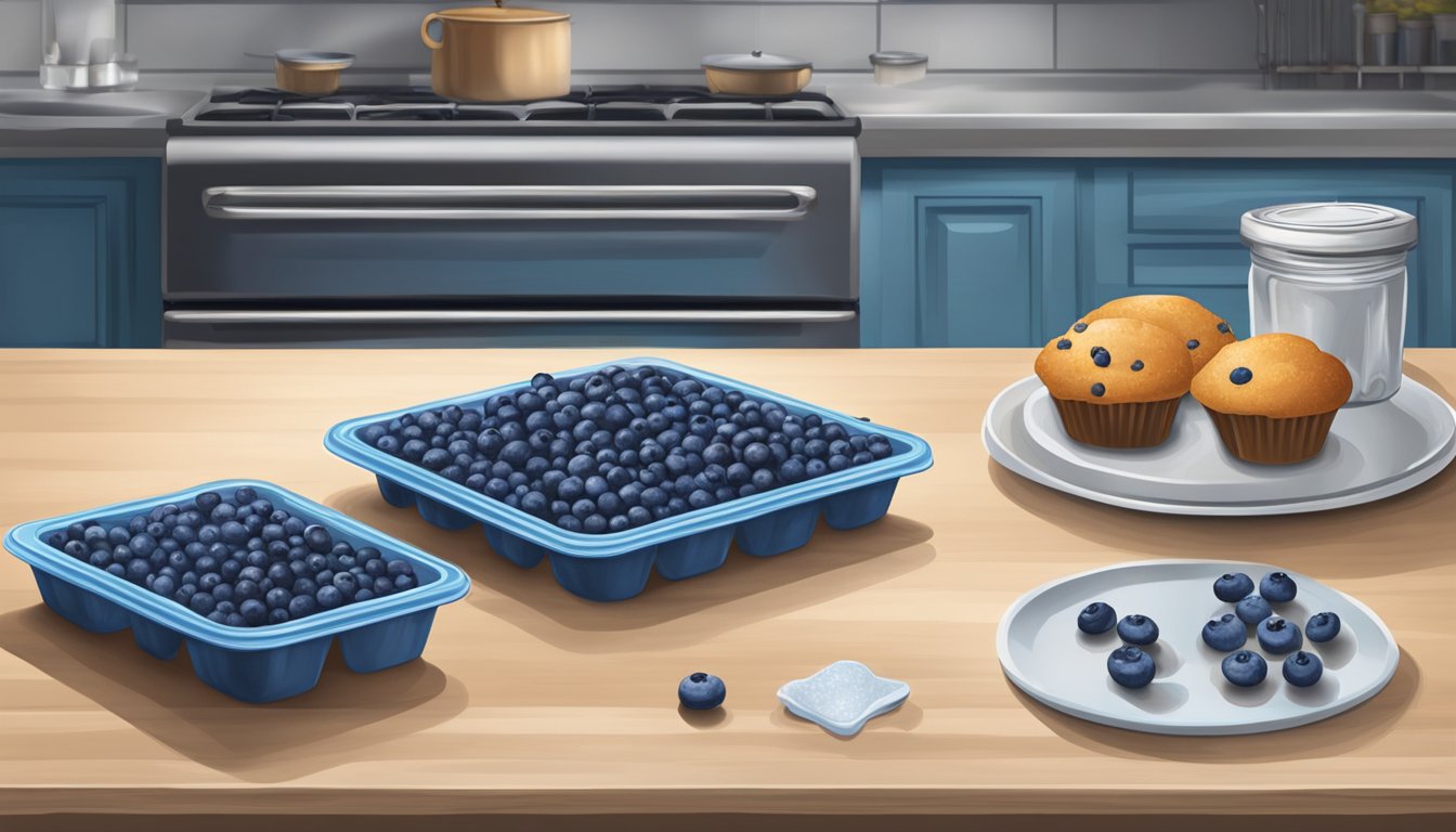 A kitchen counter with fresh blueberries, a muffin tin, and a freezer with frozen blueberries